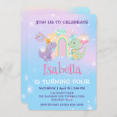 かわいい恐竜ユニコーン虹バルーン誕生日kid 招待状 (正面/裏面)