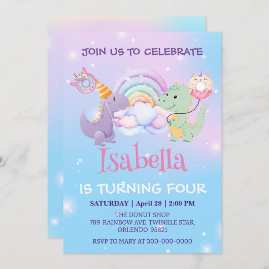 かわいい恐竜ユニコーン虹バルーン誕生日kid 招待状 (正面/裏面)