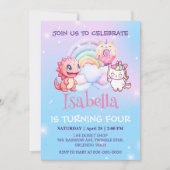 かわいい恐竜ユニコーン虹バルーン誕生日kid 招待状 (正面)