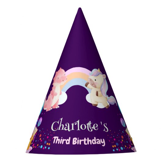 かわいい恐竜ユニコーン虹バロンの誕生日の子供 パーティーハット (正面)
