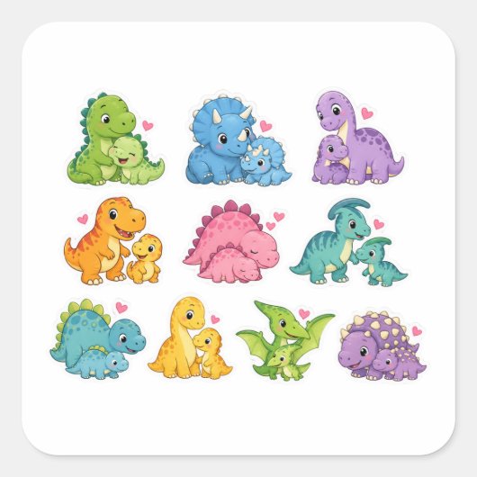 かわいい恐竜家族アート スクエアシール (正面)