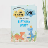 かわいい恐竜遊の男の子の1歳の誕生日 招待状 (正面)