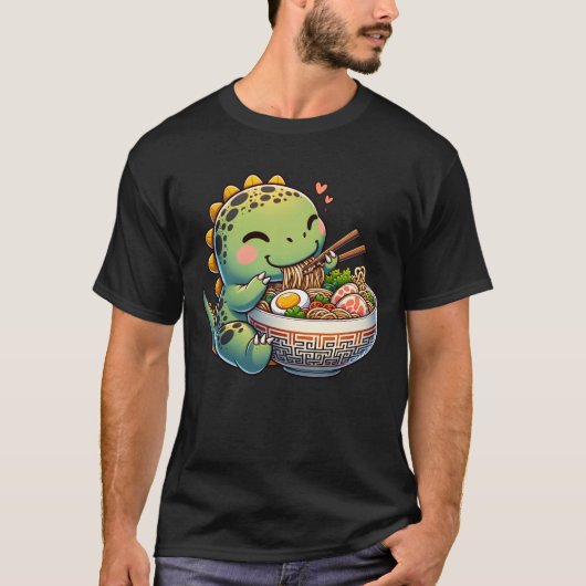 かわいい恐竜食べのラーメン麺アニメ Tシャツ (正面)