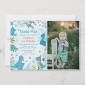 かわいい恐竜3レックス3歳の誕生日パーティー写真 招待状 (正面)
