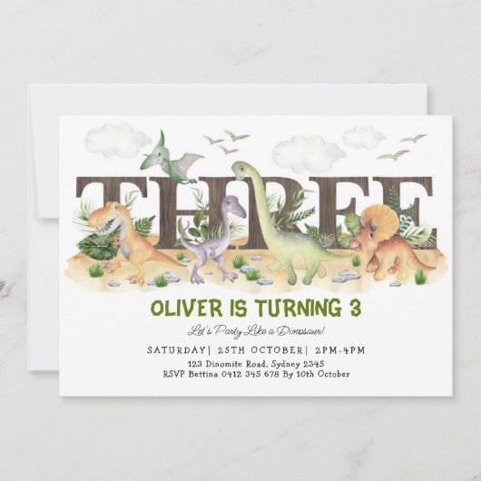 かわいい恐竜3歳の誕生日ワイルドと3歳 招待状 (正面)