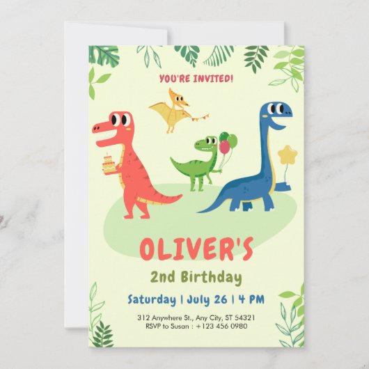 かわいい恐竜 ティラノサウルス こども 2歳 誕生日 招待状 (正面)