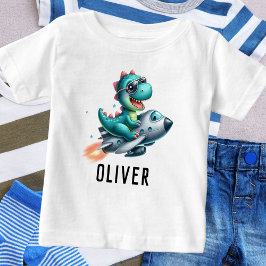 かわいい恐竜 ティラノサウルス パイロット ジェット機 ベビーTシャツ