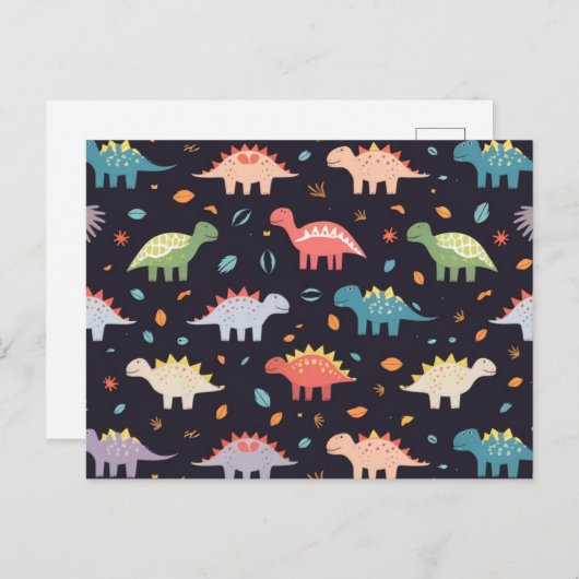 かわいい恐竜、ネイビーかわいいカラフル恐竜のパターン ポストカード (正面/裏面)
