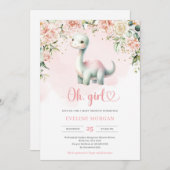 かわいい恐竜 - 女の子 フラワーベビーシャワー 招待状 (正面/裏面)