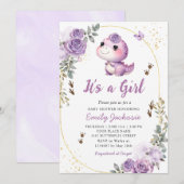 かわいい恐竜 女の子 ボヘミアンフラワー ベビーシャワー 招待状 (正面/裏面)