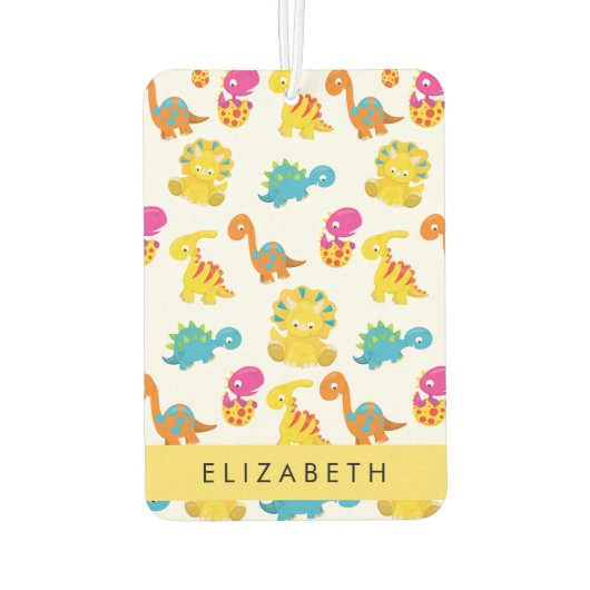 かわいい恐竜、恐竜のパターン、あなたの名前 カーエアーフレッシュナー (裏面)