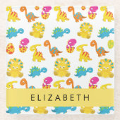 かわいい恐竜、恐竜のパターン、あなたの名前 ガラスコースター (正面)