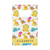 かわいい恐竜、恐竜のパターン、あなたの名前 クレジットカード栓抜き (正面)