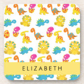 かわいい恐竜、恐竜のパターン、あなたの名前 コースター (正面)