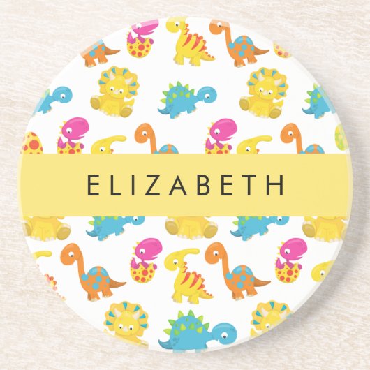 かわいい恐竜、恐竜のパターン、あなたの名前 コースター (正面)