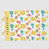 かわいい恐竜、恐竜のパターン、あなたの名前 ゴルフタオル (横)