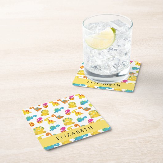 かわいい恐竜、恐竜のパターン、あなたの名前 スクエアペーパーコースター (インサイチュ)