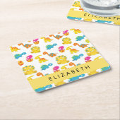 かわいい恐竜、恐竜のパターン、あなたの名前 スクエアペーパーコースター (アングル)