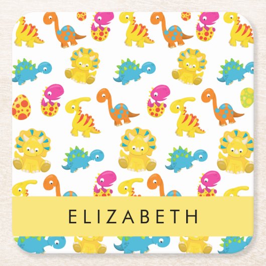 かわいい恐竜、恐竜のパターン、あなたの名前 スクエアペーパーコースター (正面)