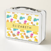 かわいい恐竜、恐竜のパターン、あなたの名前 メタルランチボックス (裏面)