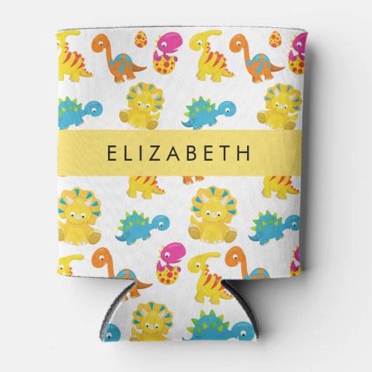 かわいい恐竜、恐竜のパターン、あなたの名前 缶クーラー (正面)