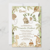 かわいい恐竜 '男の子が生まれたよ' ベビーシャワー 招待状 (正面)