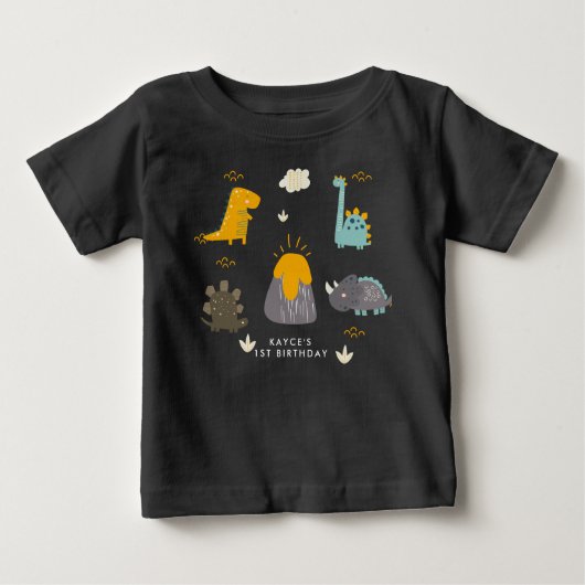 かわいい恐竜 男の子の1歳誕生日パーティー 赤ちゃんTシャツ ベビーTシャツ (正面)