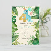 かわいい恐竜 緑の葉 4歳の誕生日パーティー 招待状 (スタンド正面)