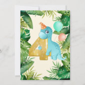 かわいい恐竜 緑の葉 4歳の誕生日パーティー 招待状 (裏面)