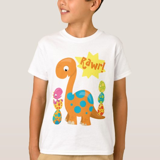 かわいい恐竜 Rawr! バランスをとるカラフルな卵 Tシャツ (正面)