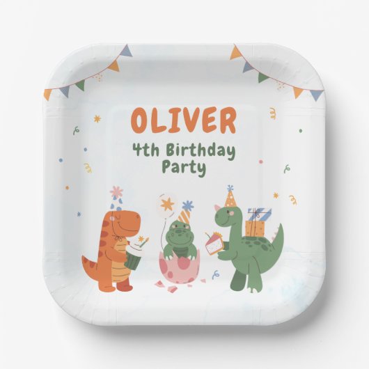 かわいい恐竜Tレックス4歳の誕生日紙皿 ペーパープレート (正面)
