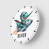 かわいい恐竜T-Rexパイロット飛行ジェット航空機 ラウンド壁時計 (傾斜)