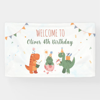 かわいい恐竜T-Rex 4歳誕生日パーティー看板バナー 横断幕
