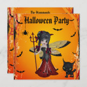 かわいい悪魔の女の子の花の妖精及び猫ハロウィン 招待状 (正面/裏面)