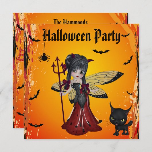 かわいい悪魔の女の子の花の妖精及び猫ハロウィン 招待状 (正面/裏面)