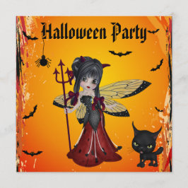 かわいい悪魔の女の子の花の妖精及び猫ハロウィン 招待状