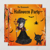 かわいい悪魔の女の子、ピッチフォーク & 猫 ハロウィン 招待状 (正面/裏面)