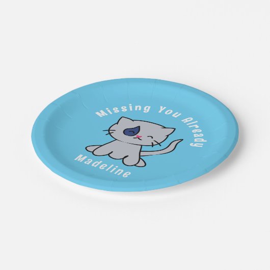 かわいい悲しい灰色の猫の漫画さらばパーティーブルー ペーパープレート (アングル)