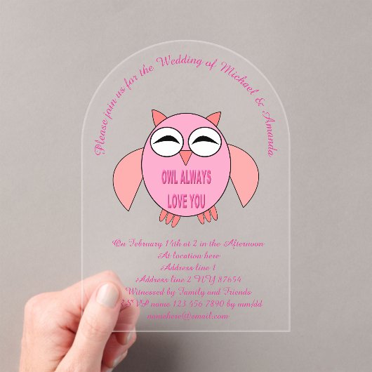 かわいい愛のメッセージフクロウのカスタムウェディング アクリル招待状 (インサイチュ (ポータブル))