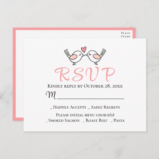 かわいい愛の鳥ピンクのラブバード結婚式RSVP ポストカード (正面/裏面)