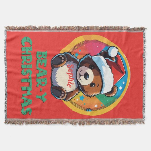 かわいい愛らしいかわいいチビ（小さくかわいく書いた感じ）クマyクリスマスベア スローブランケット (正面)