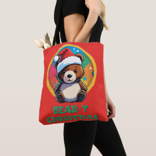 かわいい愛らしいかわいいチビ(小さくかわいく書いた感じ)クマyクリスマスベア トートバッグ