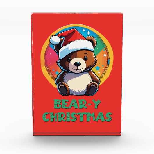 かわいい愛らしいかわいいチビ(小さくかわいく書いた感じ)クマyクリスマスベア フォトブロック (正面)