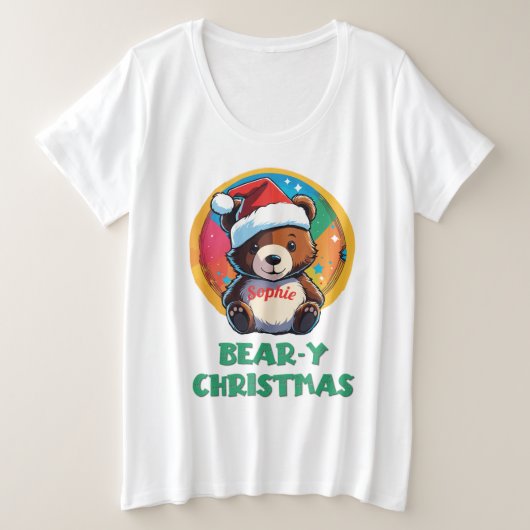 かわいい愛らしいかわいいチビ(小さくかわいく書いた感じ)クマyクリスマスベア プラスサイズTシャツ (デザイン正面)