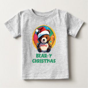 かわいい愛らしいかわいいチビ(小さくかわいく書いた感じ)クマyクリスマスベア ベビーTシャツ