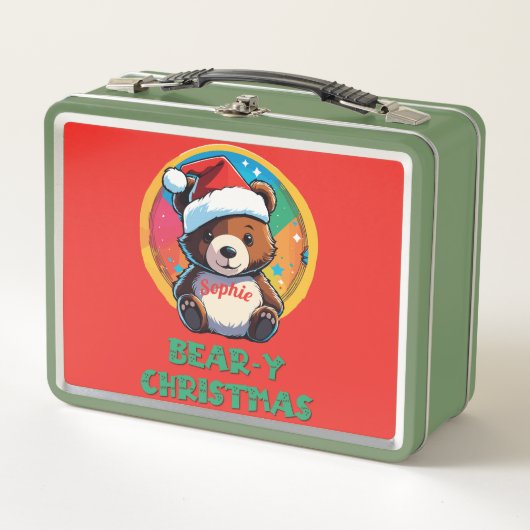 かわいい愛らしいかわいいチビ(小さくかわいく書いた感じ)クマyクリスマスベア メタルランチボックス (正面)