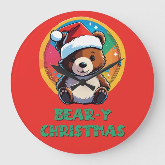 かわいい愛らしいかわいいチビ(小さくかわいく書いた感じ)クマyクリスマスベア ラージ壁時計 (正面)