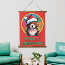 かわいい愛らしいかわいいチビ（小さくかわいく書いた感じ）クマyクリスマスベア 吊り下げ型タペストリー