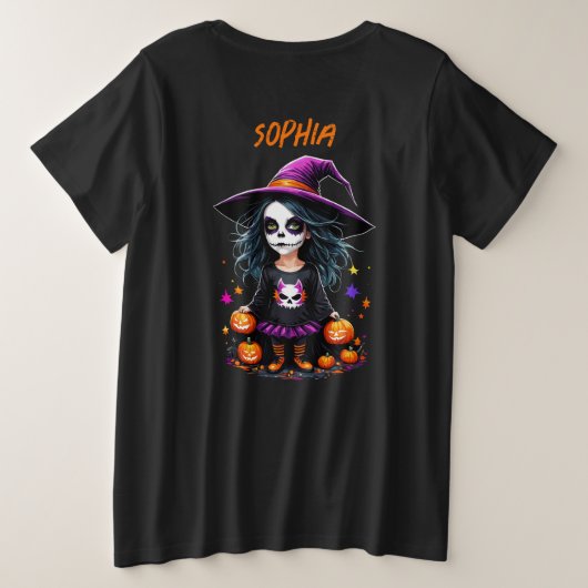 かわいい愛らしいかわいいハロウィンウィッチ プラスサイズTシャツ (デザイン裏面)