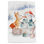 かわいい愛らしいクリスマス雪だるま&キツネ ミディアムペーパーバッグ (正面)
